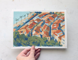 "Old Town Rooftops" original mixed media painting on paper